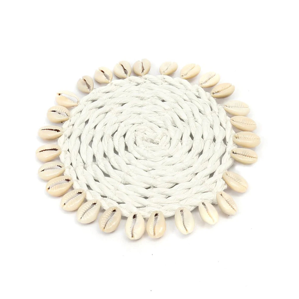 Dessous de verre rond en herbe marine et coquillages Ø12 cm
