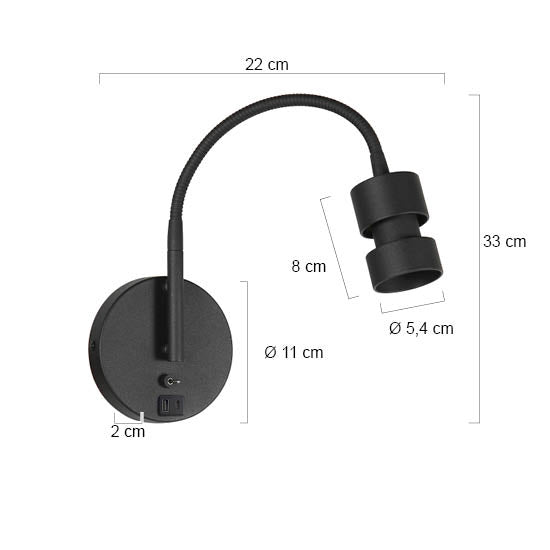 Applique murale noire en métal avec port USB et bras flexible – H33 cm