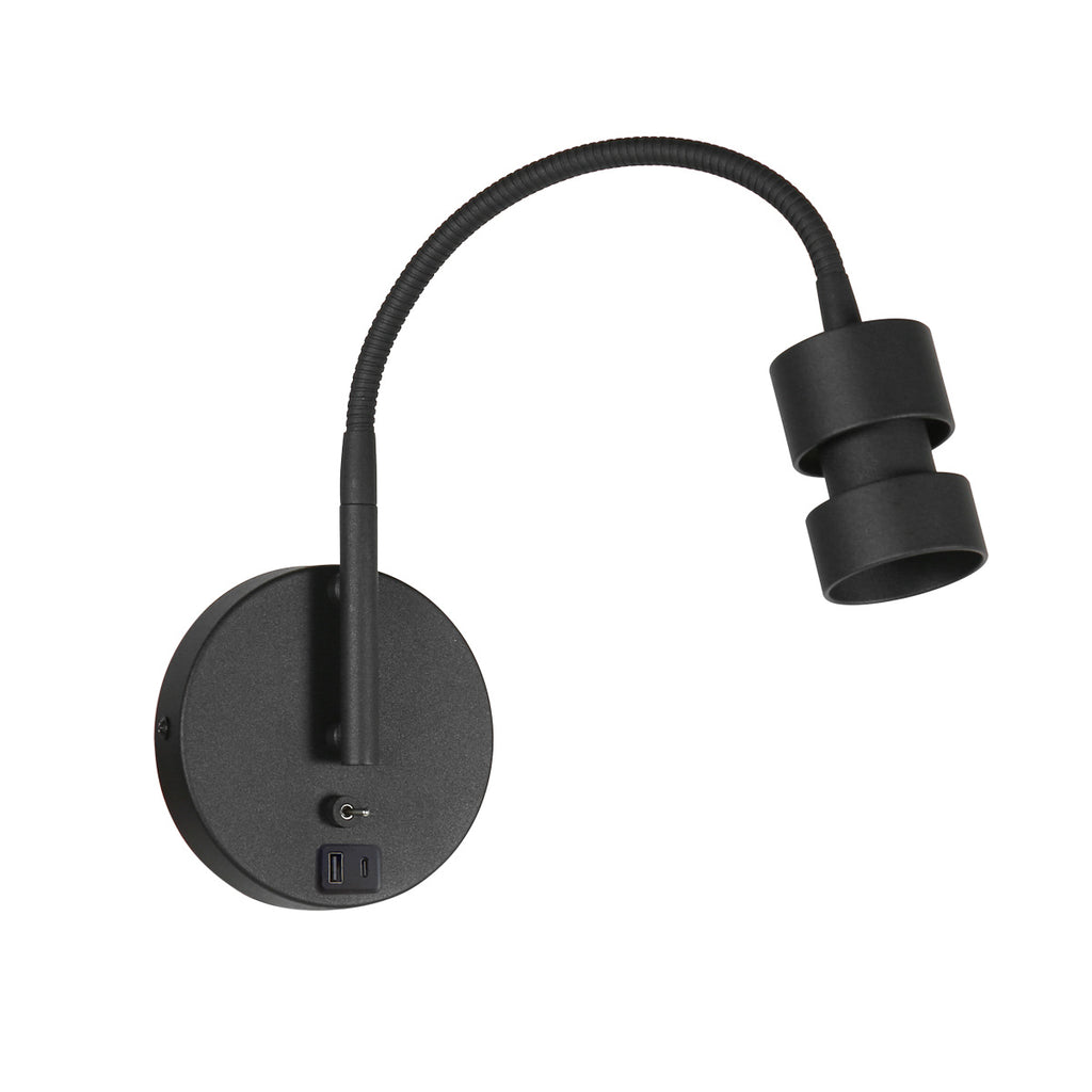 Applique murale noire en métal avec port USB et bras flexible – H33 cm