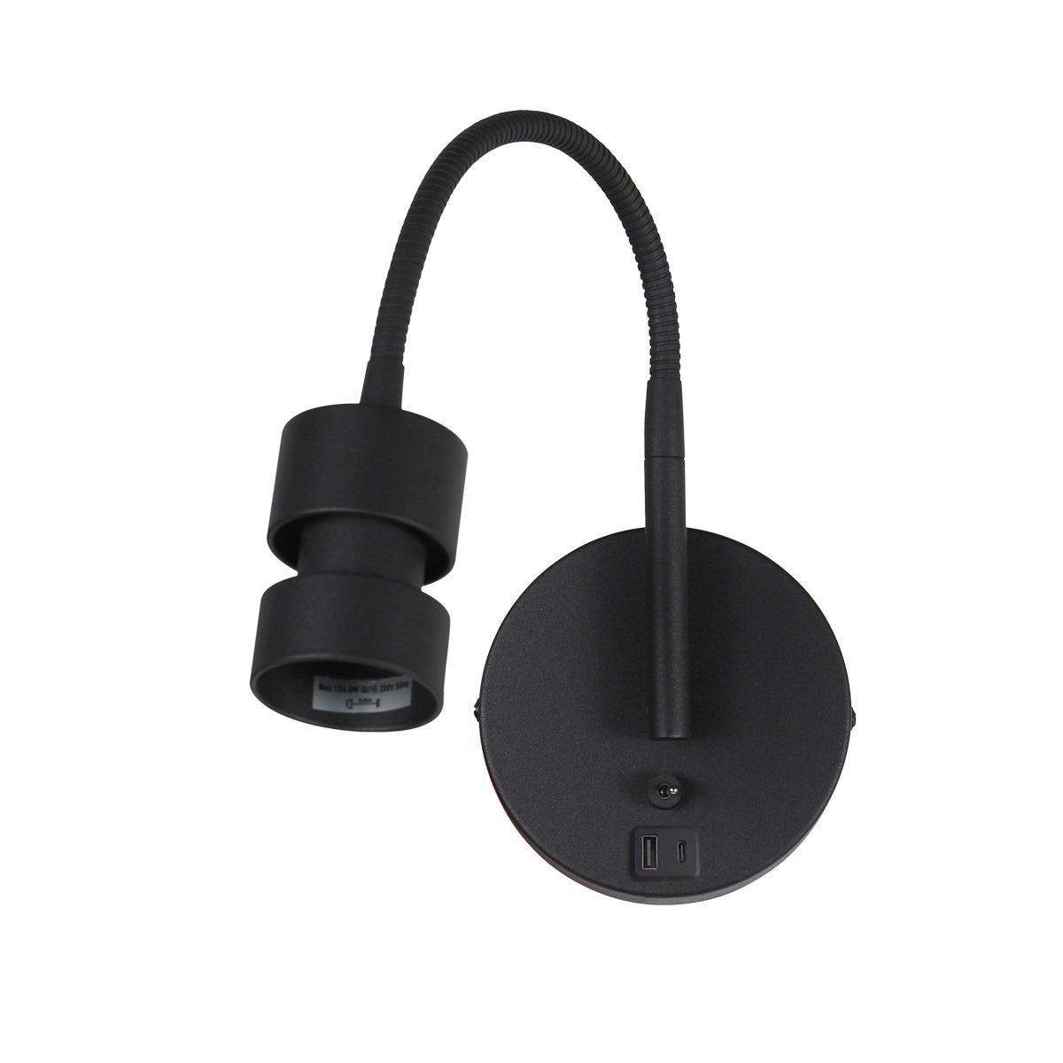 Applique murale noire en métal avec port USB et bras flexible – H33 cm