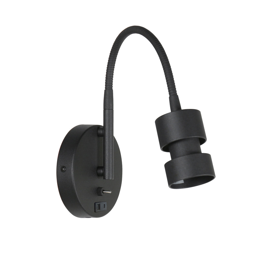 Applique murale noire en métal avec port USB et bras flexible – H33 cm