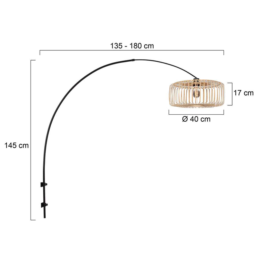 Applique murale bambou naturel et métal noir avec bras arqué – Ø40 cm
