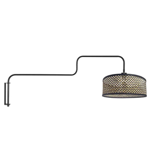 Applique murale en métal noir abat-jour bambou tressé avec bras articulé