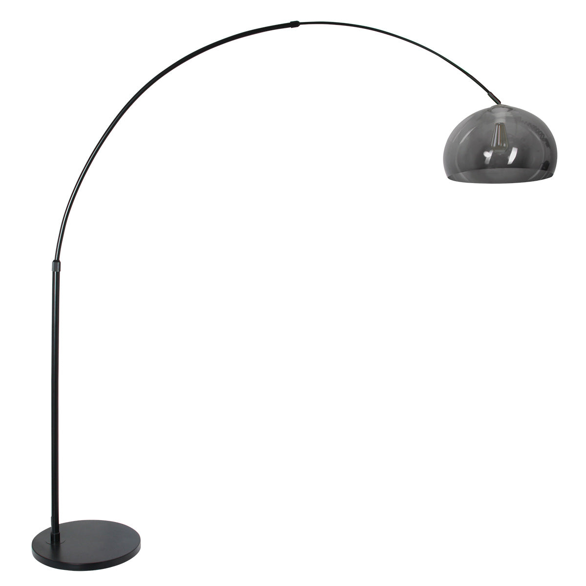 Lampadaire arqué en métal noir abat-jour dôme verre fumé – H230 cm