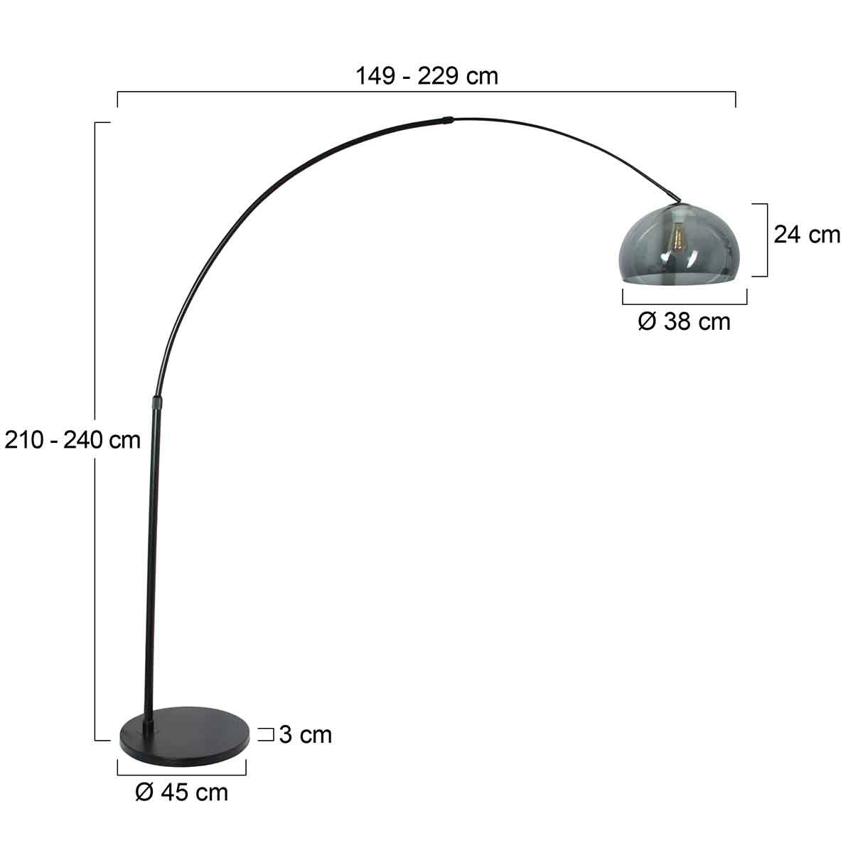 Lampadaire arqué en métal noir abat-jour dôme verre fumé – H230 cm