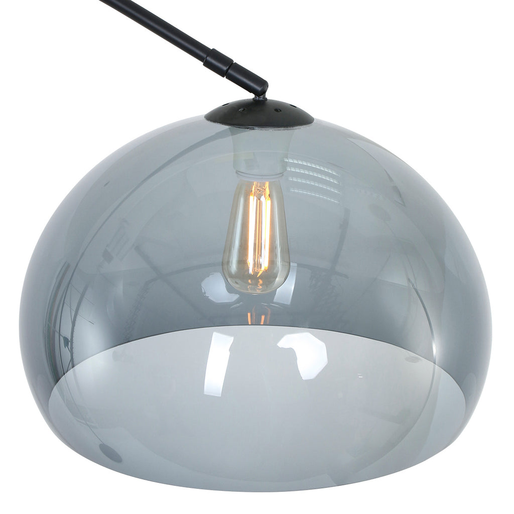 Lampadaire arqué en métal noir abat-jour dôme verre fumé – H230 cm