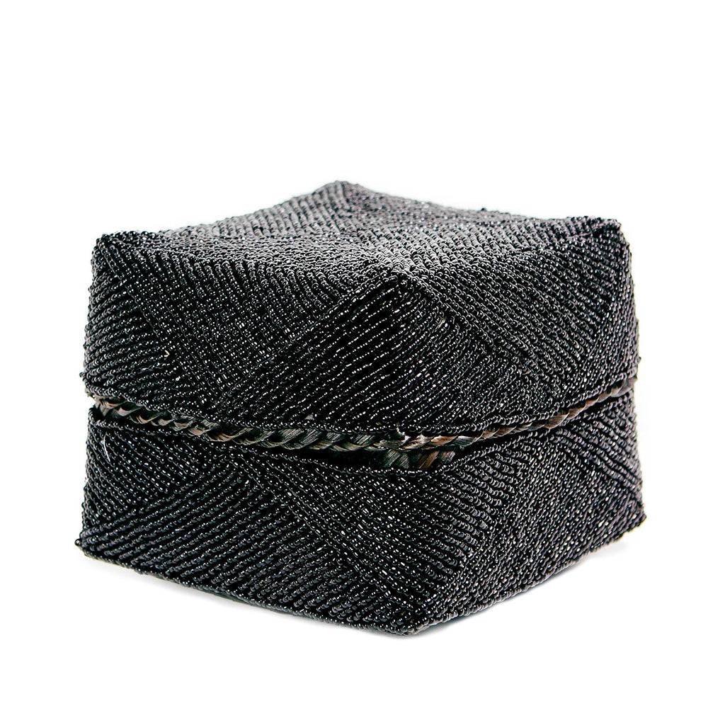 Boîte décorative perlée en bambou noir motif chevrons avec couvercle