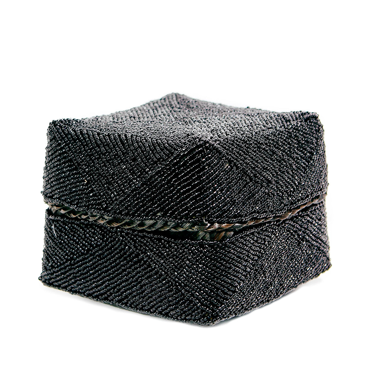 Boîte décorative perlée en bambou noir motif chevrons avec couvercle
