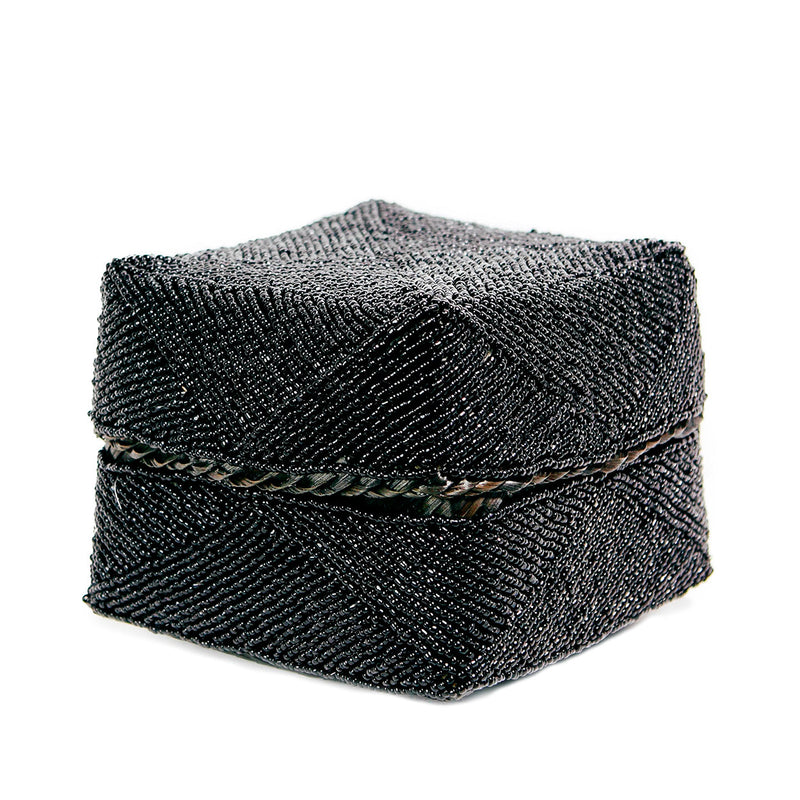 Boîte décorative perlée en bambou noir motif chevrons avec couvercle