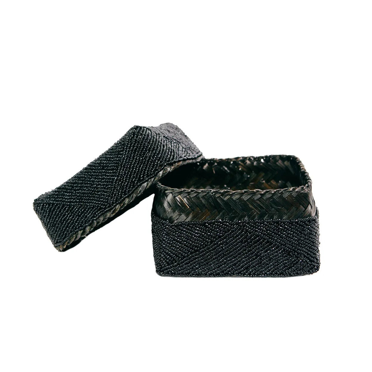 Boîte décorative perlée en bambou noir motif chevrons avec couvercle