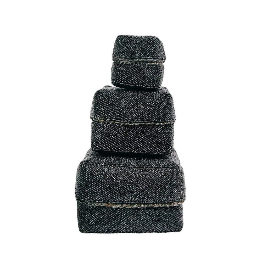 Boîte décorative perlée en bambou noir motif chevrons avec couvercle