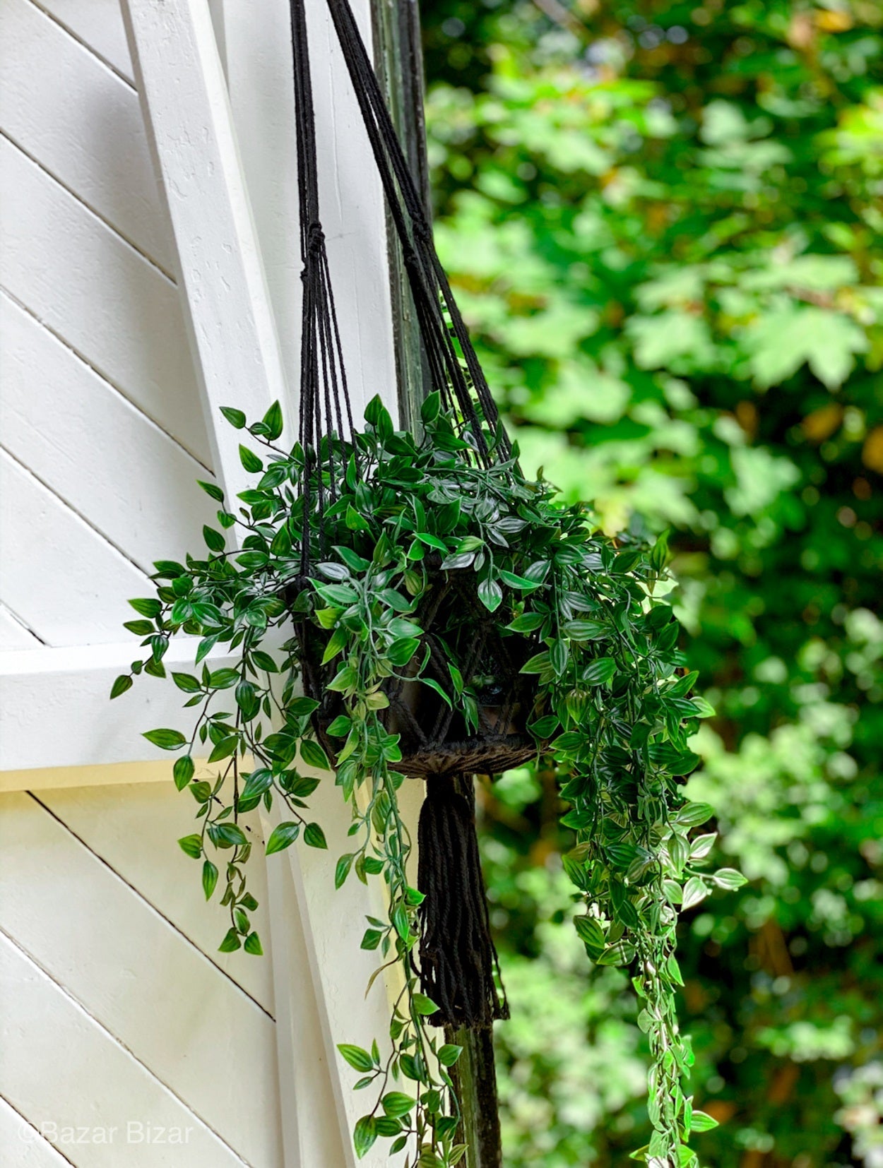Suspension plante en macramé coton noir avec franges – H110 cm