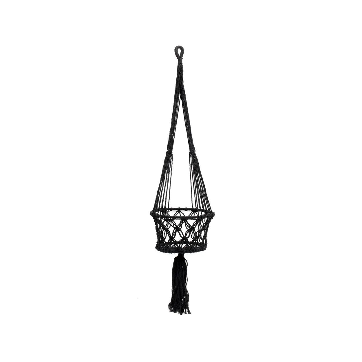 Suspension plante macramé noir en coton tressé avec franges – H100 cm