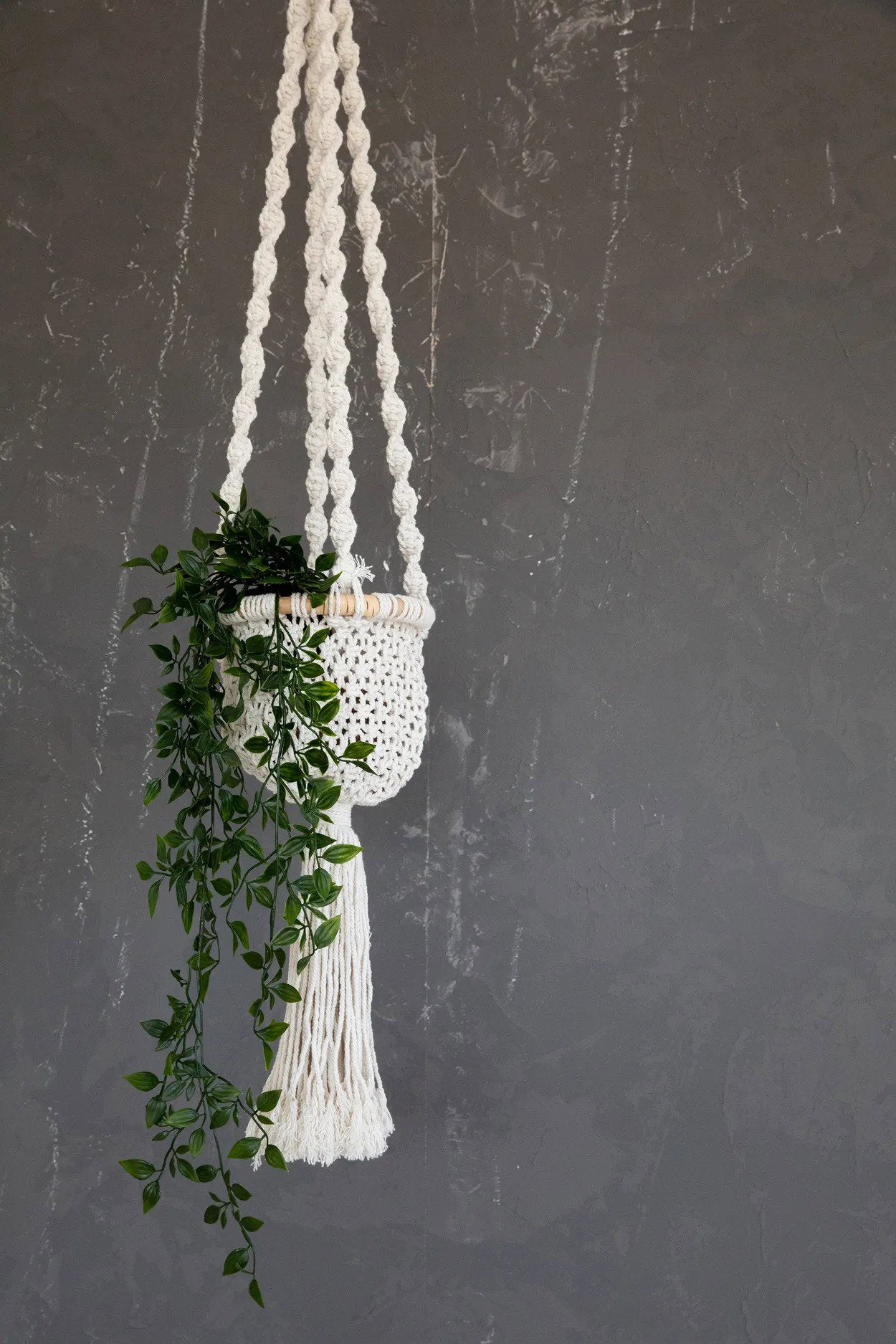 Suspension murale macramé torsadé coton blanc naturel – H135 cm
