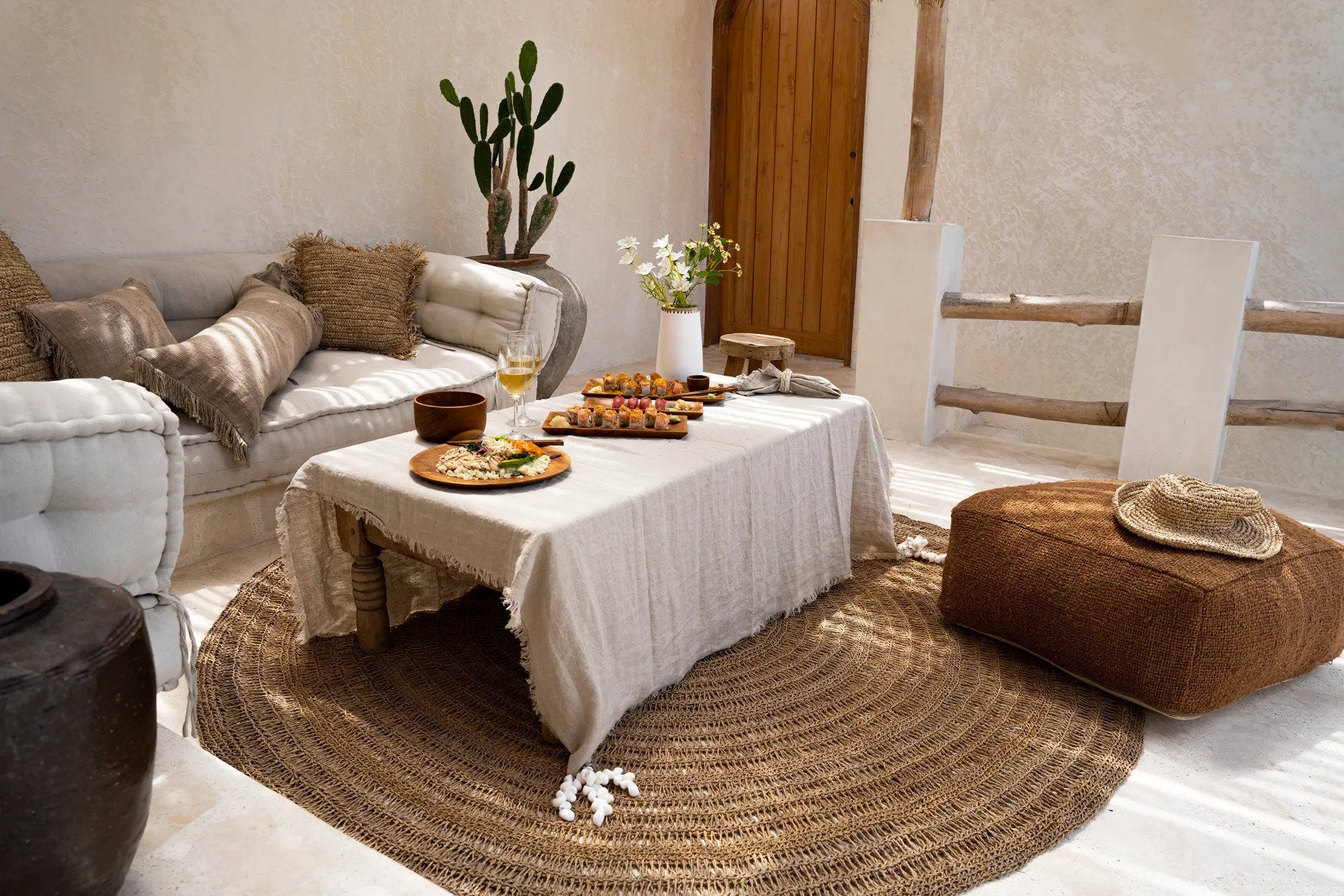 Tapis rond en herbiers marins naturel 150 cm bohème