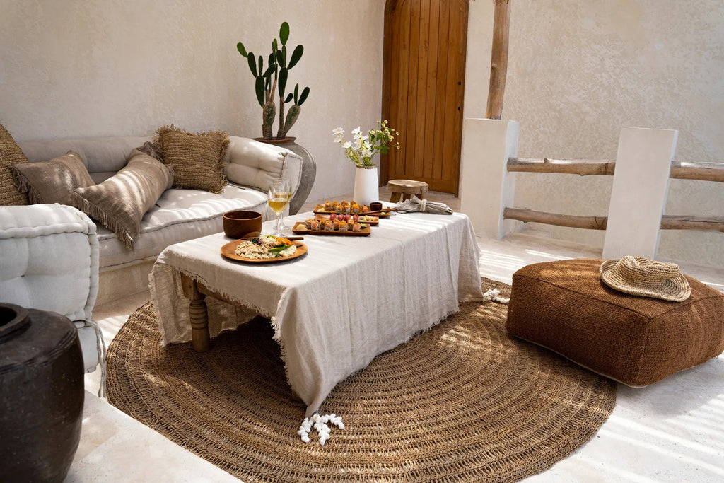 Tapis rond en herbiers marins naturel 150 cm bohème