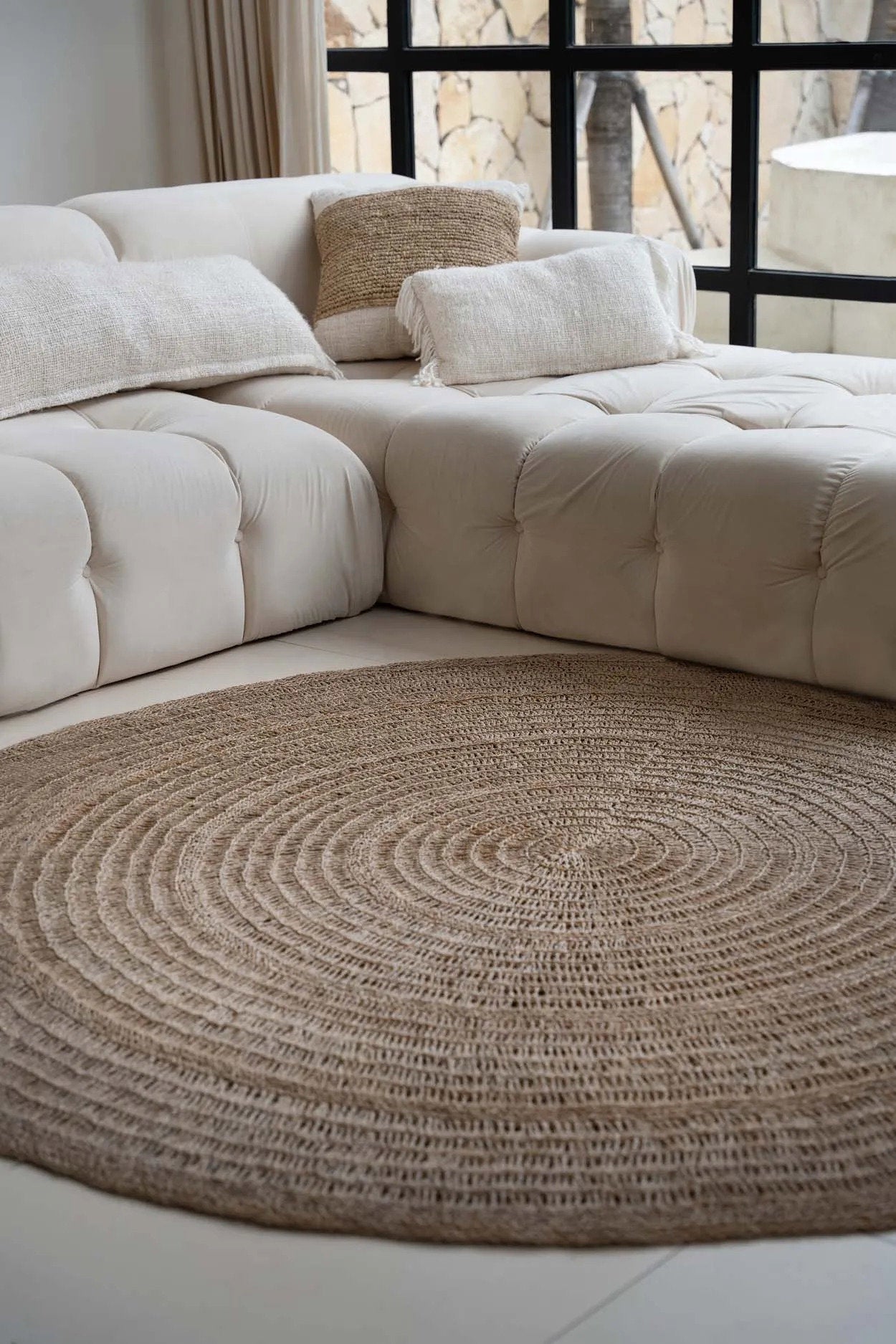 Tapis rond en jonc de mer tressé motif cercles naturels – Ø200 cm