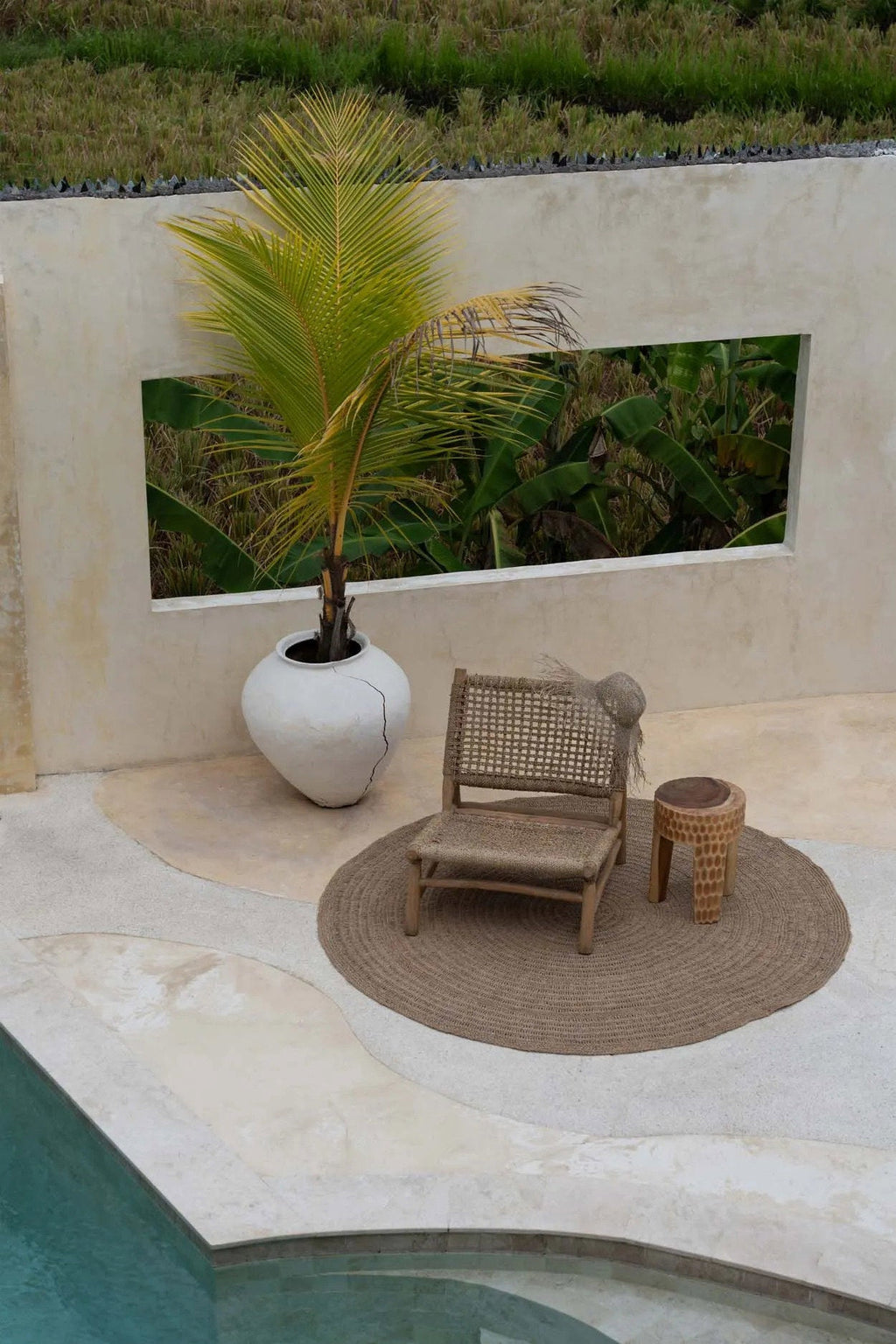 Tapis rond en jonc de mer tressé motif cercles naturels – Ø200 cm
