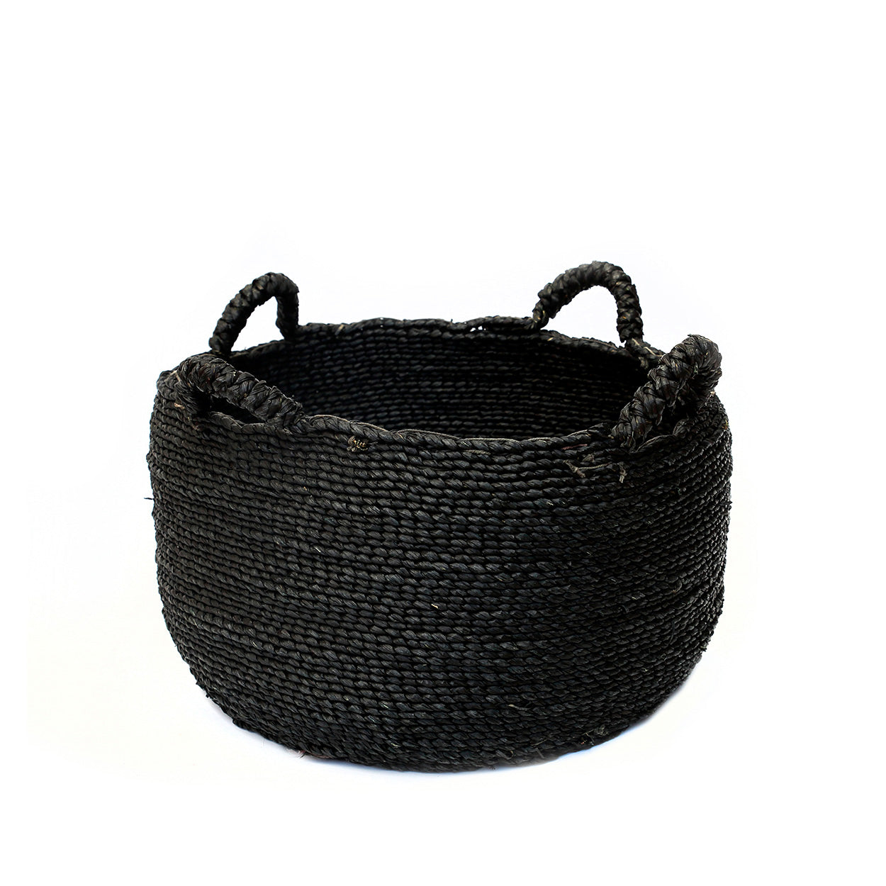 Panier rond en jonc de mer noir à anses souples – Ø52 cm