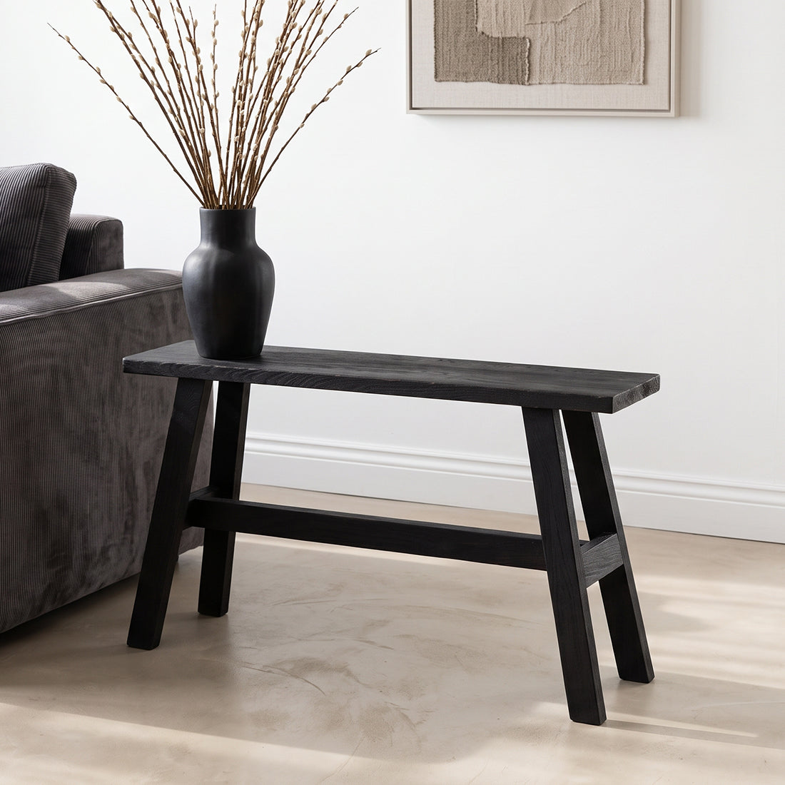 Banc en bois noir recyclé avec pieds en A pour entrée ou salon – 85x20 cm