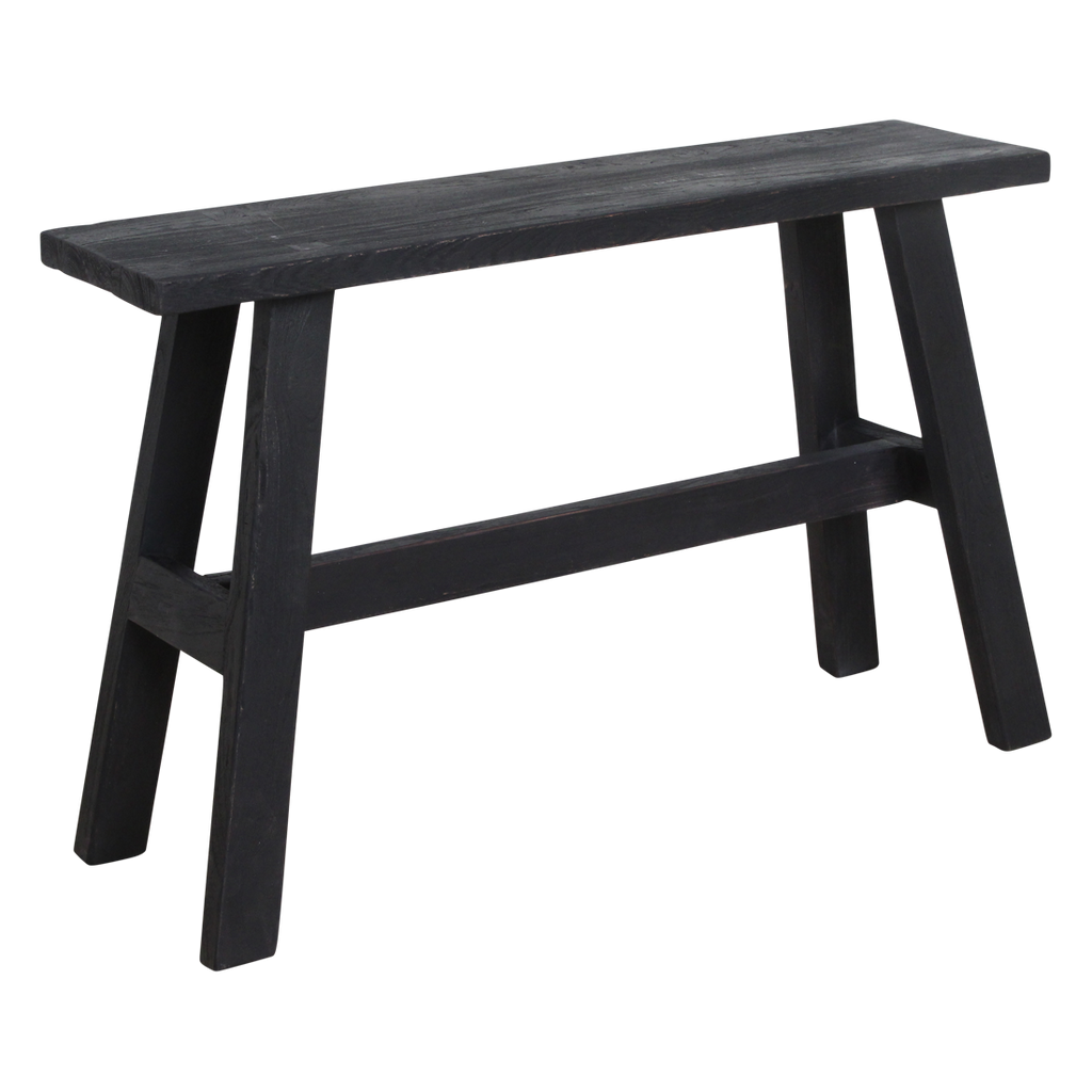 Banc en bois noir recyclé avec pieds en A pour entrée ou salon – 85x20 cm