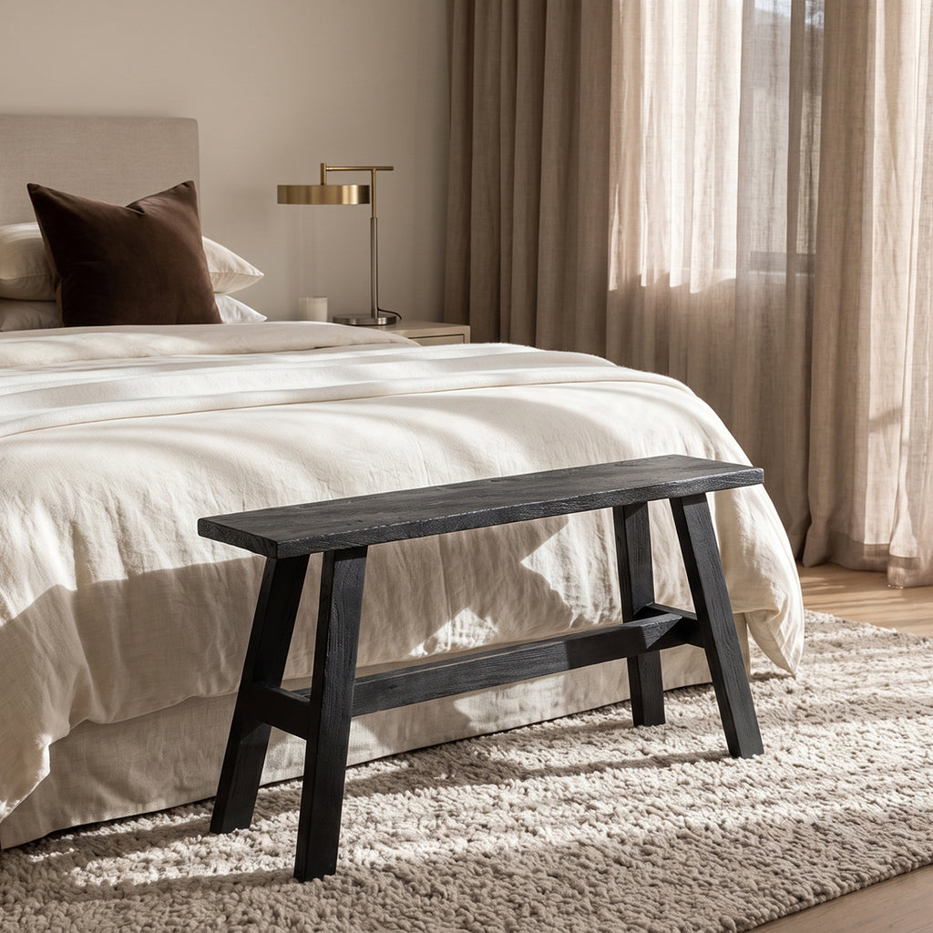 Banc en bois noir recyclé avec pieds en A pour entrée ou salon – 85x20 cm