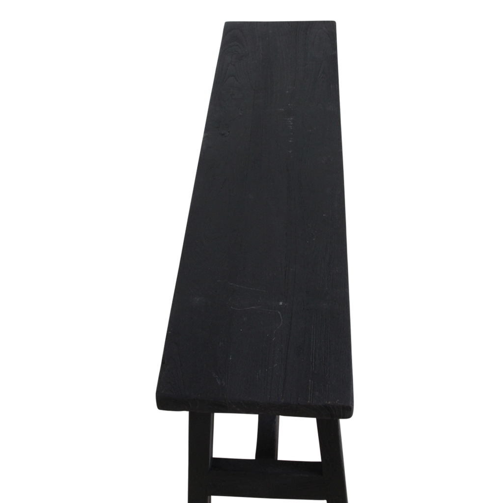 Banc en bois noir recyclé avec pieds en A pour entrée ou salon – 85x20 cm