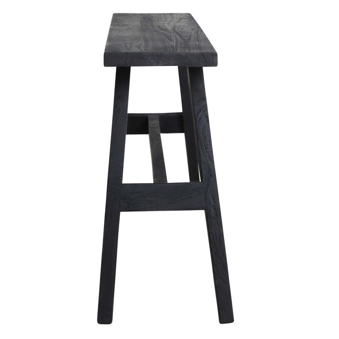Banc en bois noir recyclé avec pieds en A pour entrée ou salon – 85x20 cm