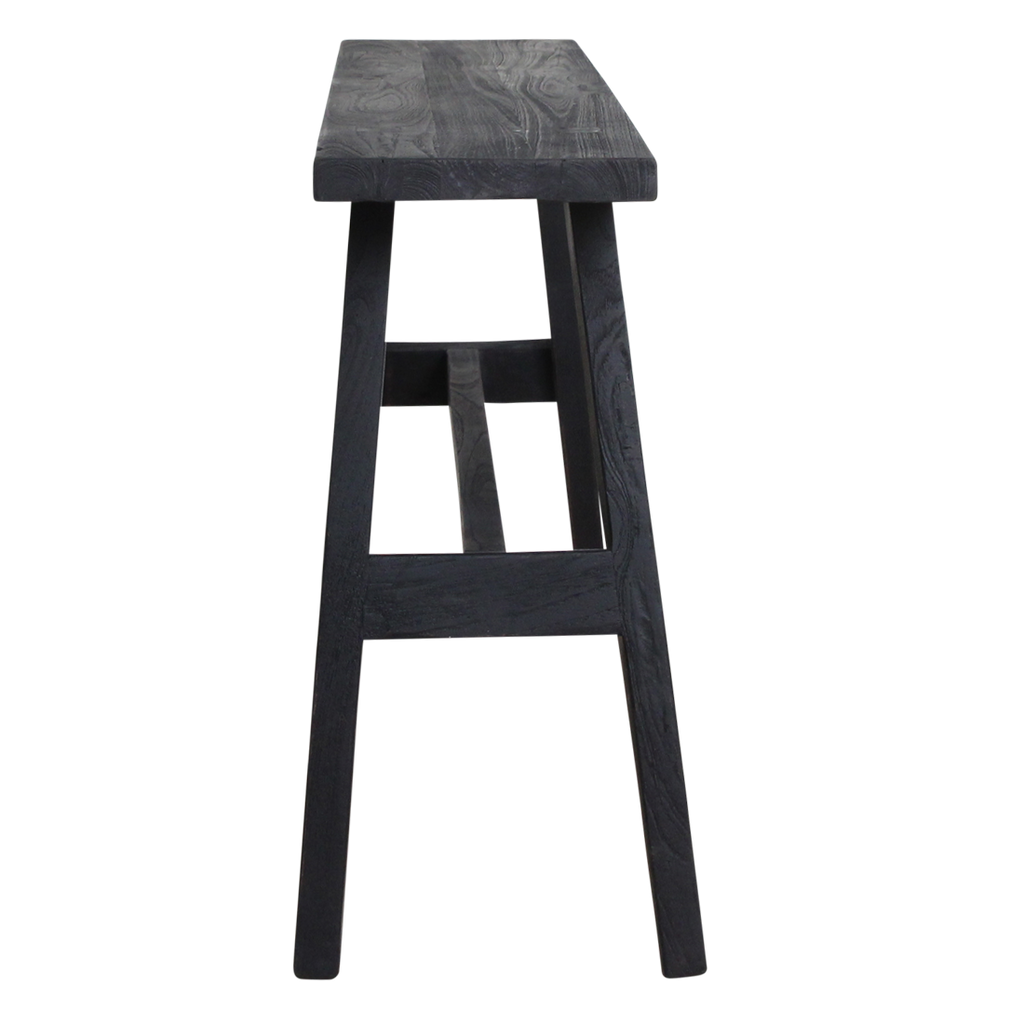 Banc en bois noir recyclé avec pieds en A pour entrée ou salon – 85x20 cm