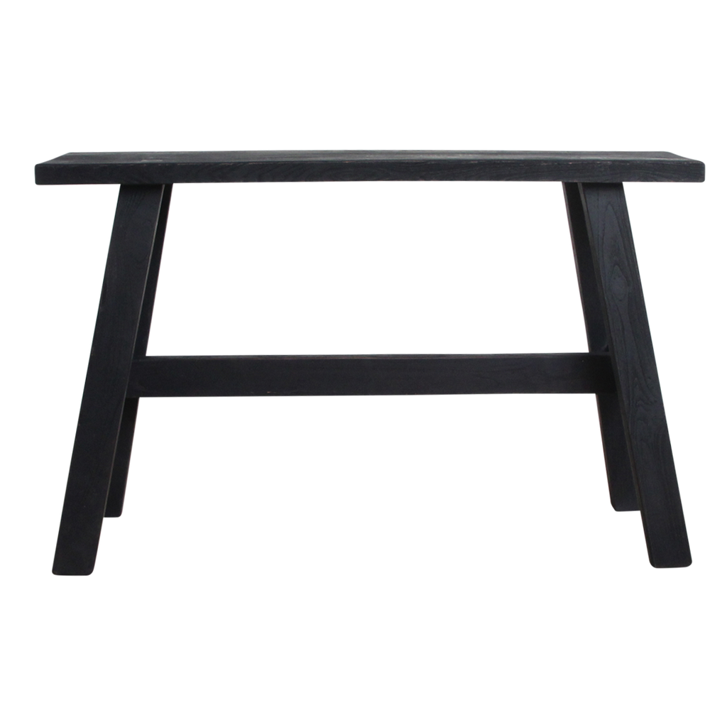 Banc en bois noir recyclé avec pieds en A pour entrée ou salon – 85x20 cm