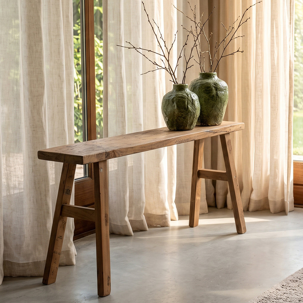 Banc en teck recyclé naturel pieds tréteaux – 80x17 cm