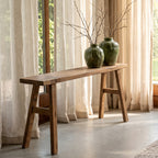Banc en teck recyclé naturel pieds tréteaux – 80x17 cm