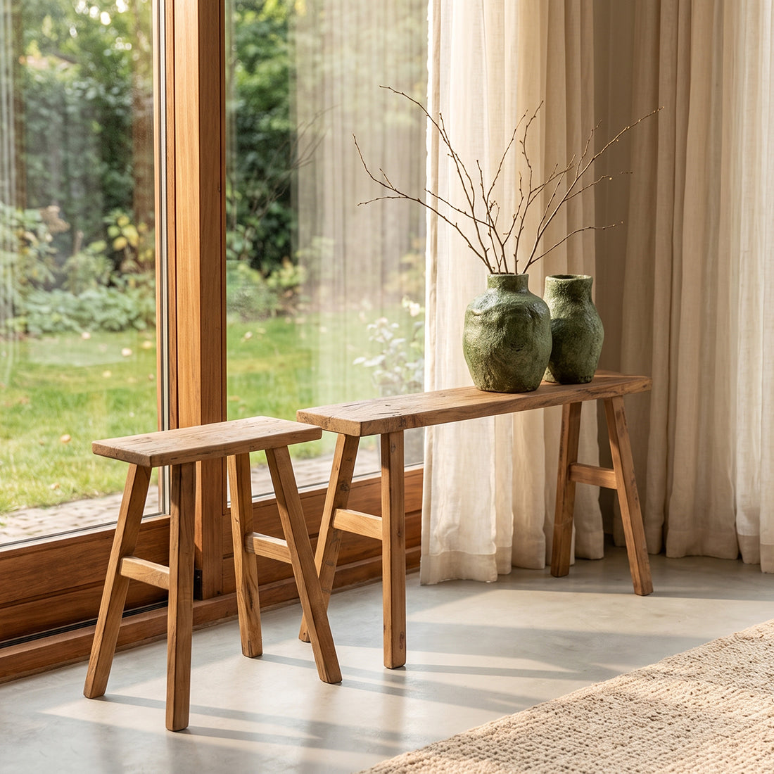 Banc en teck recyclé naturel pieds tréteaux – 80x17 cm