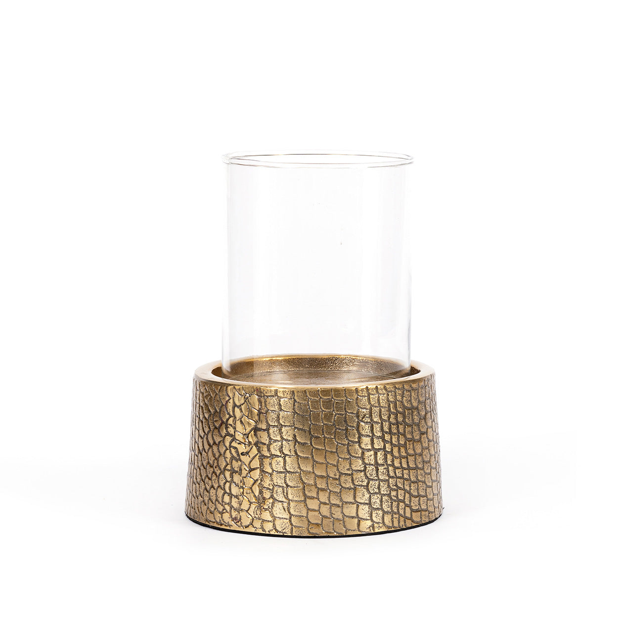 Photophore en laiton doré motif croco avec verre cylindrique – H24 cm
