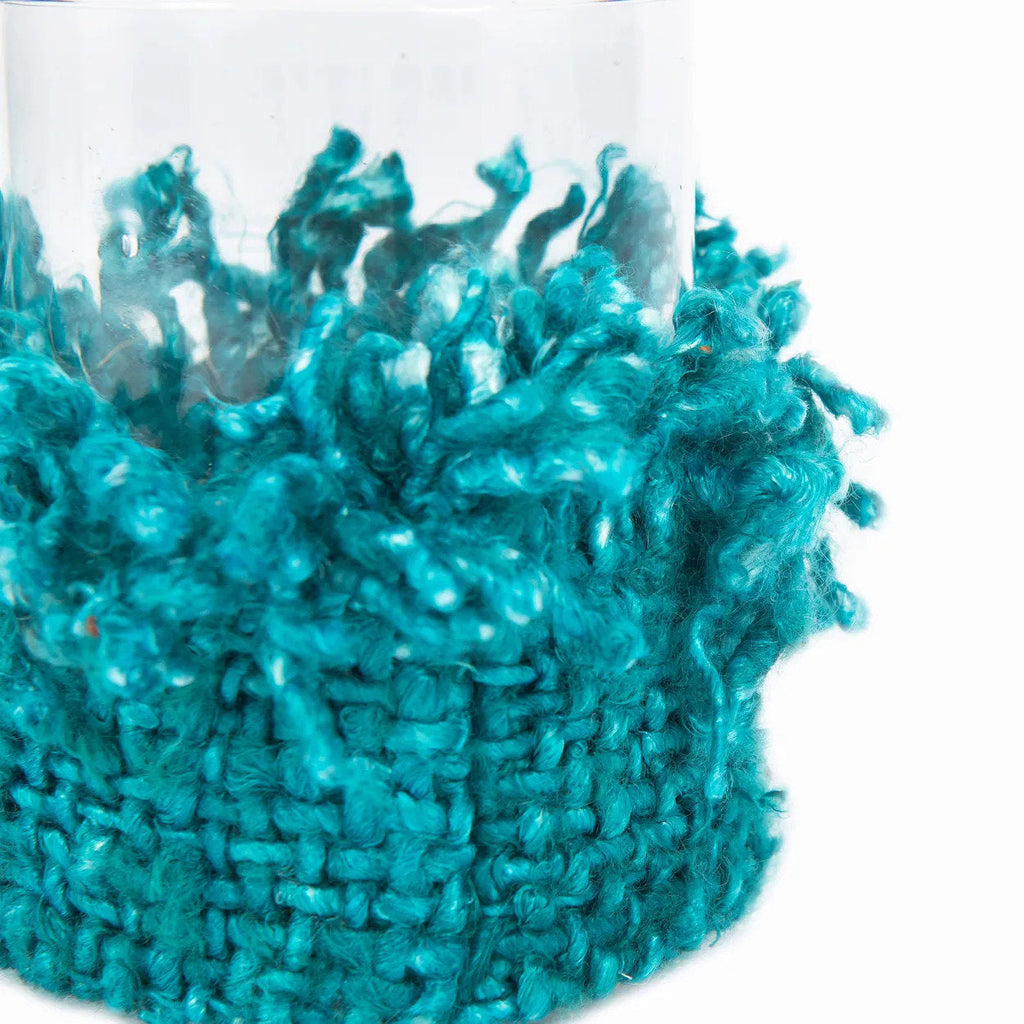 Photophore en verre turquoise à franges textile