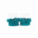 Photophore en verre turquoise à franges textile