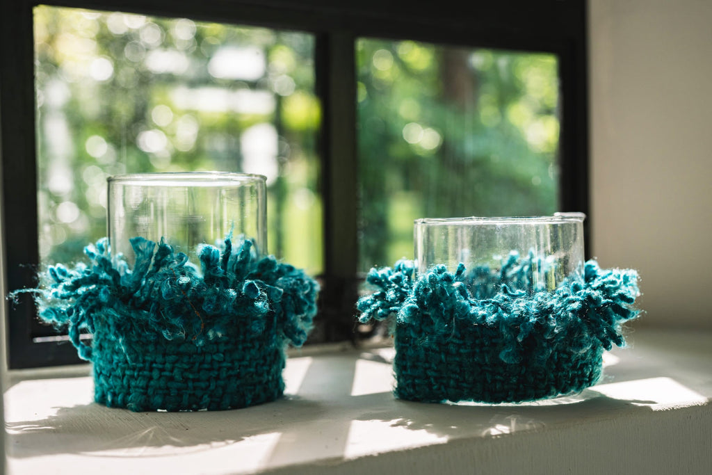Photophore en coton tricoté – Aqua tressé – H11 cm