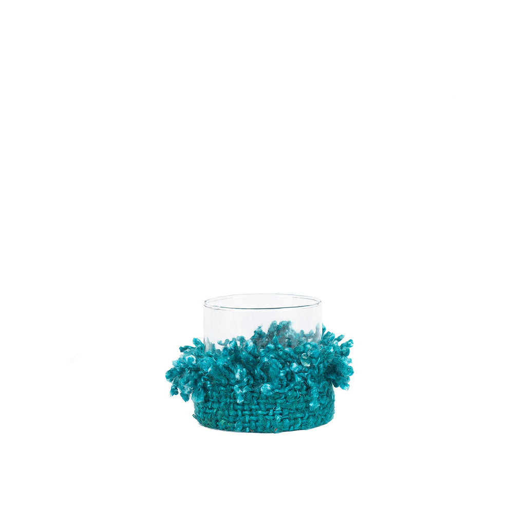Bougeoir en verre et coton tricoté aqua 8 cm