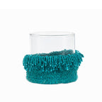 Photophore en verre avec manchon tissé turquoise à franges – H15 cm