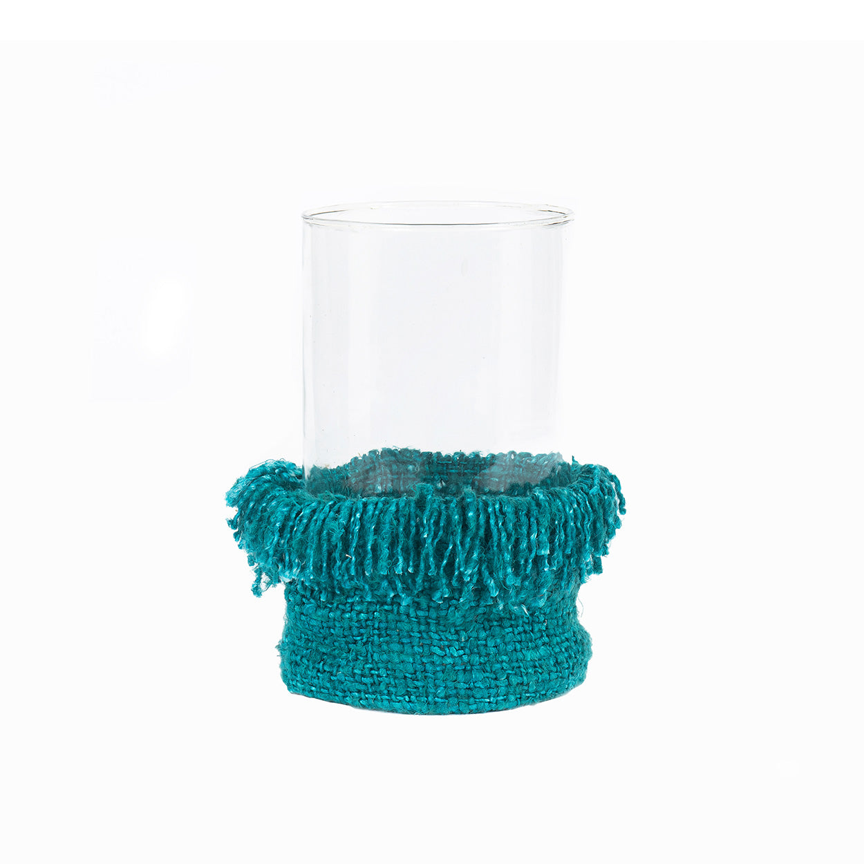 Porte-bougie en verre turquoise avec franges coton XXL