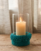 Porte-bougie en verre turquoise avec franges coton XXL