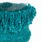 Porte-bougie en verre turquoise avec franges coton XXL