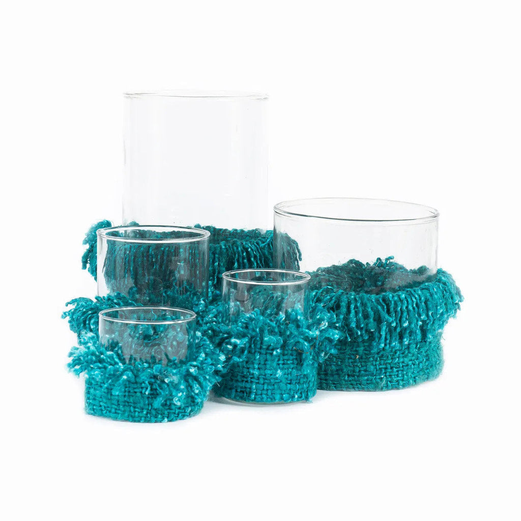 Porte-bougie en verre turquoise avec franges coton XXL