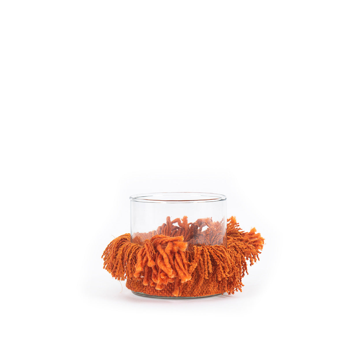 Photophore en verre avec franges velours rouille