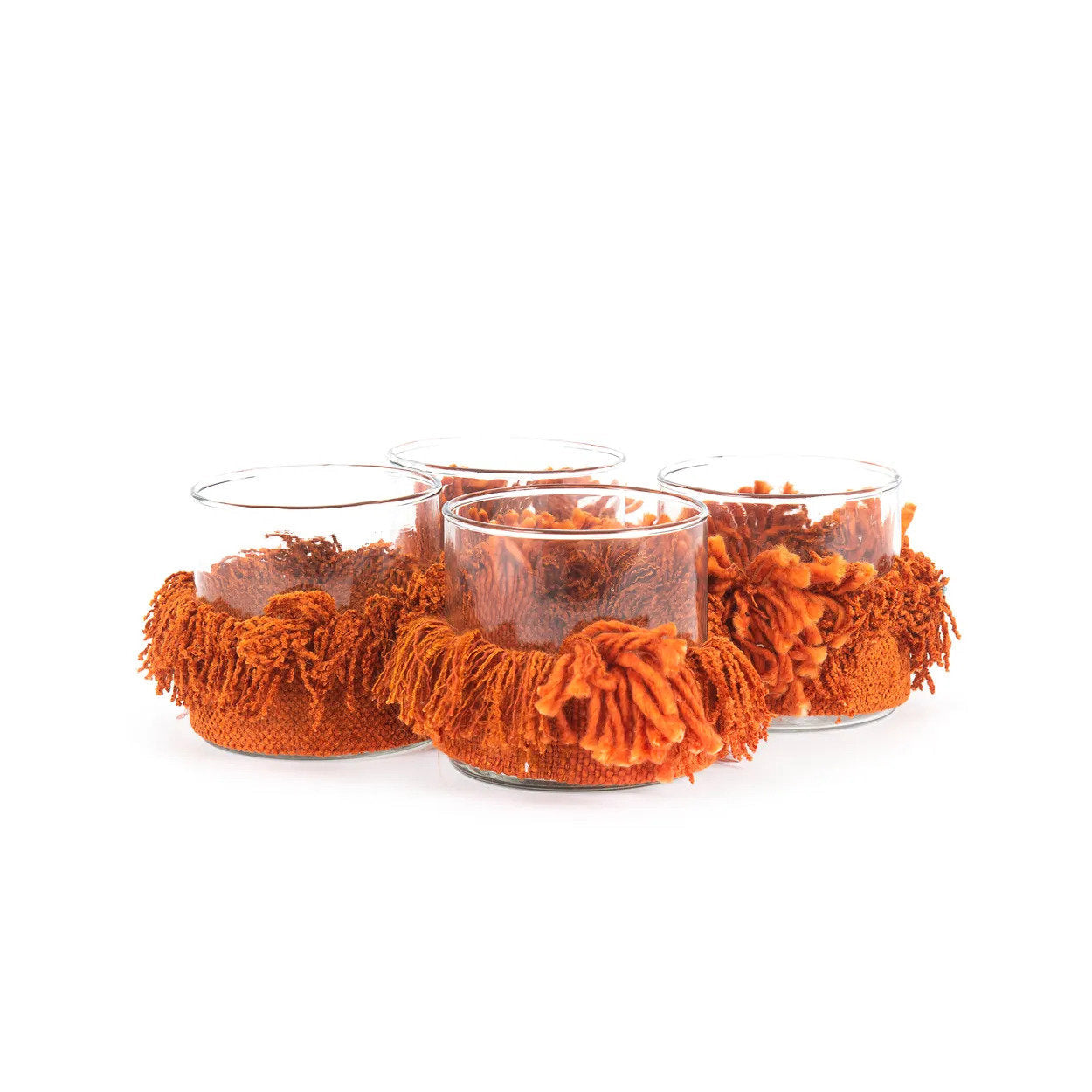 Photophore en verre avec franges velours rouille