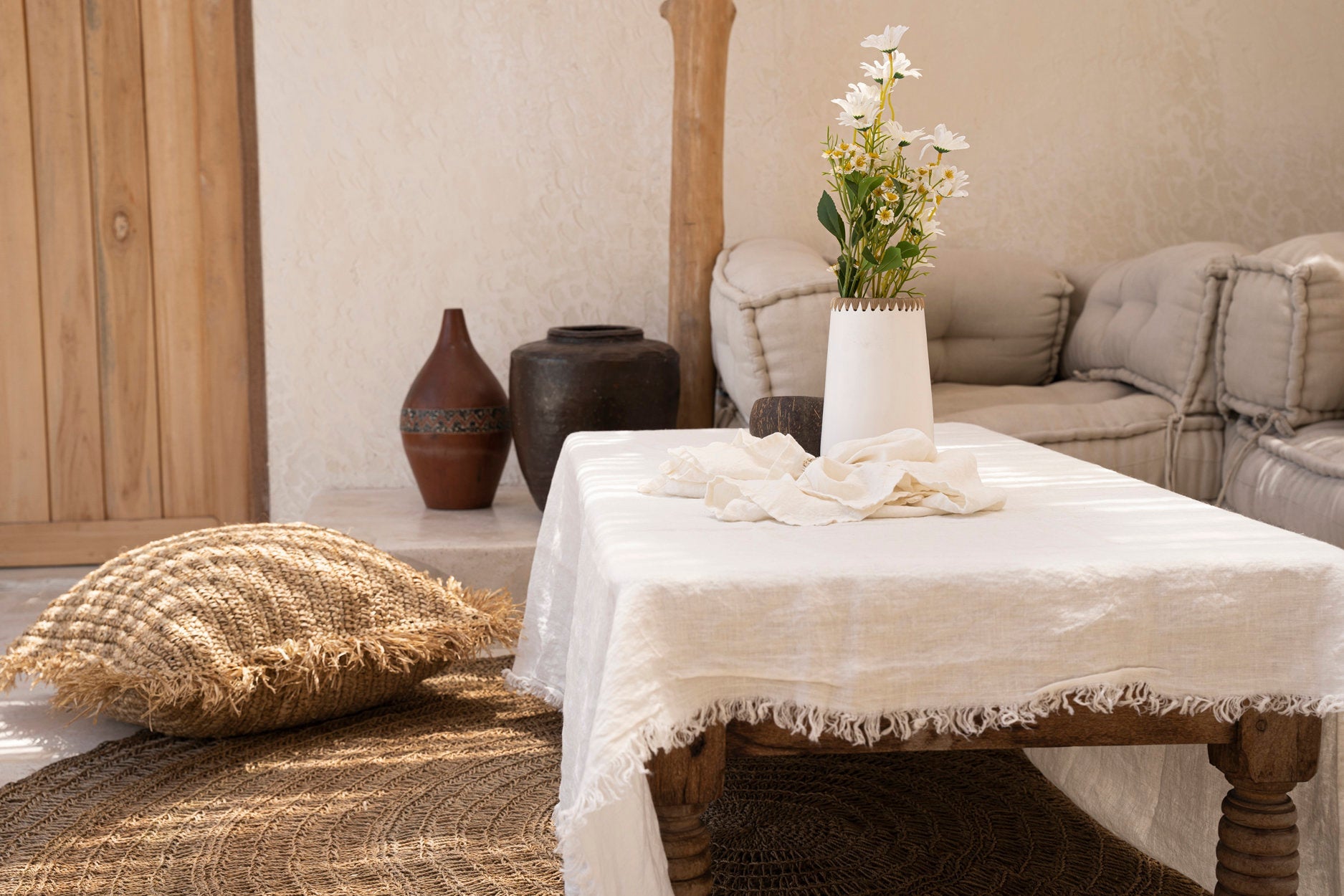 Nappe en lin blanc carré - 150x150 cm