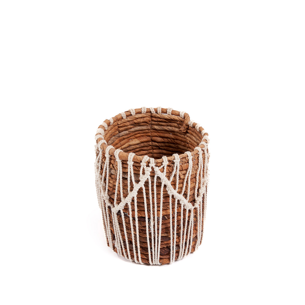 Panier en coton & feuilles de bananier avec macramé blanc naturel