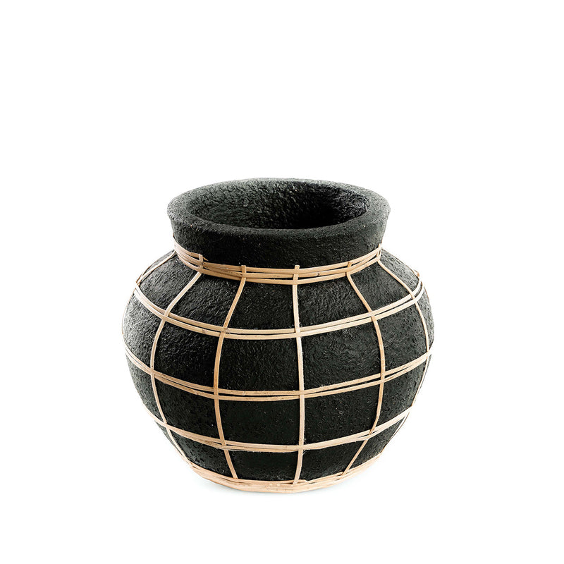Vase rond en terre cuite et rotin noir naturel 19 cm