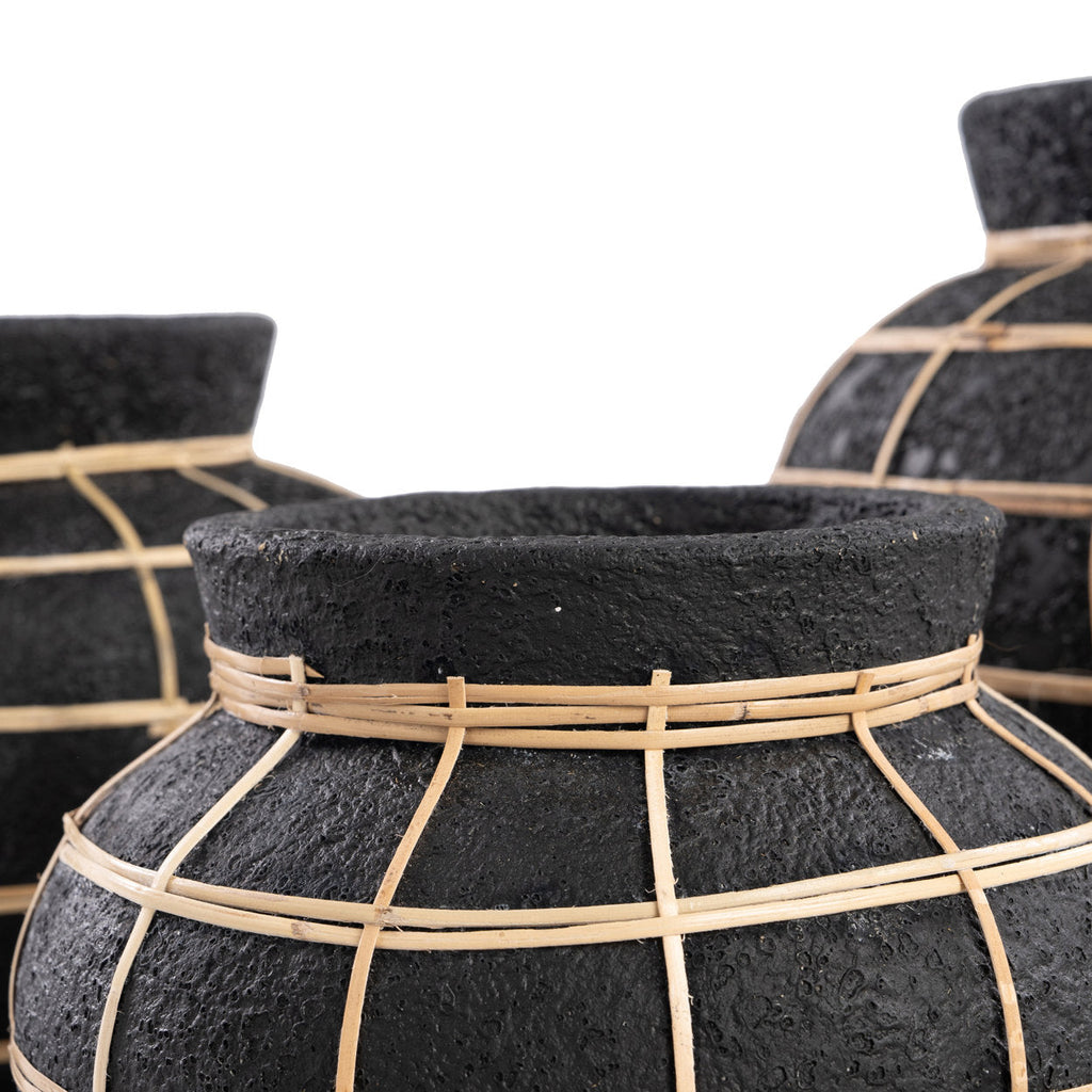 Vase rond en terre cuite et rotin noir naturel 19 cm