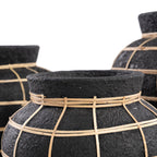 Vase rond en terre cuite et rotin noir naturel 19 cm